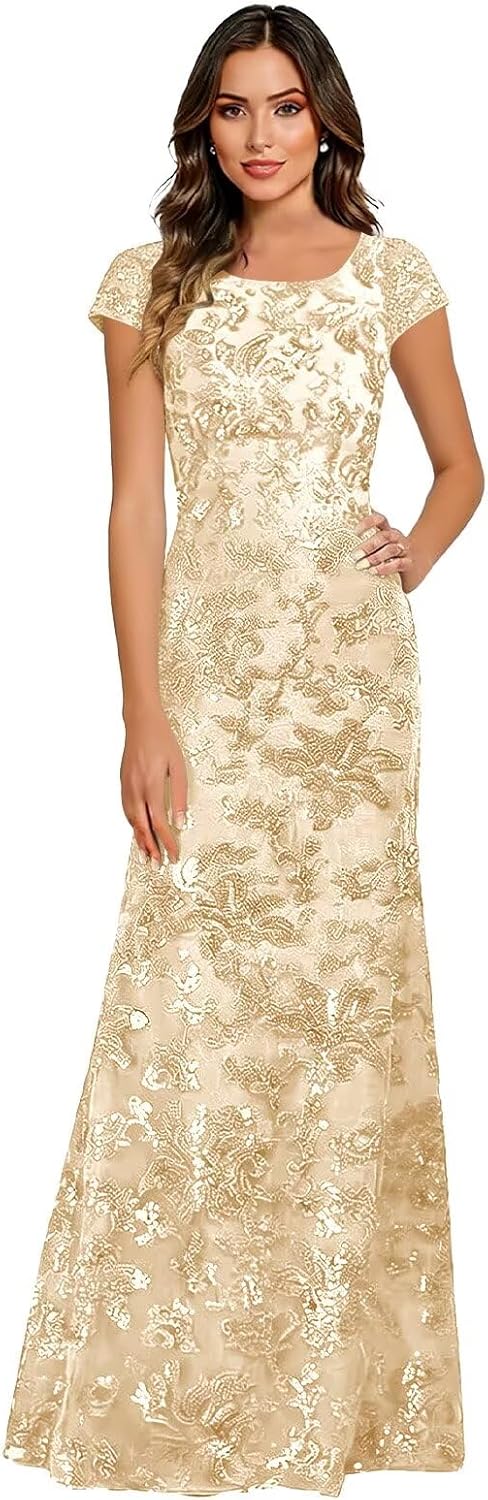 Lace Appliques Scoop Neck Sequin Mother of the Bride Dresses Mermaid Short Sleeve Formal Evening Gowns