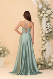 Women's Long Satin Bridesmaid Dresses Spaghetti Strap Halter Formal Evening Gown Ruffle High Low Wedding Guest Dress