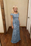 Lace Appliques Scoop Neck Sequin Mother of the Bride Dresses Mermaid Short Sleeve Formal Evening Gowns