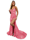 Sparkly Mermaid Sequin Prom Dresses for Women Long Spaghetti Straps V-Neck Formal Evening Party Gowns with Slit