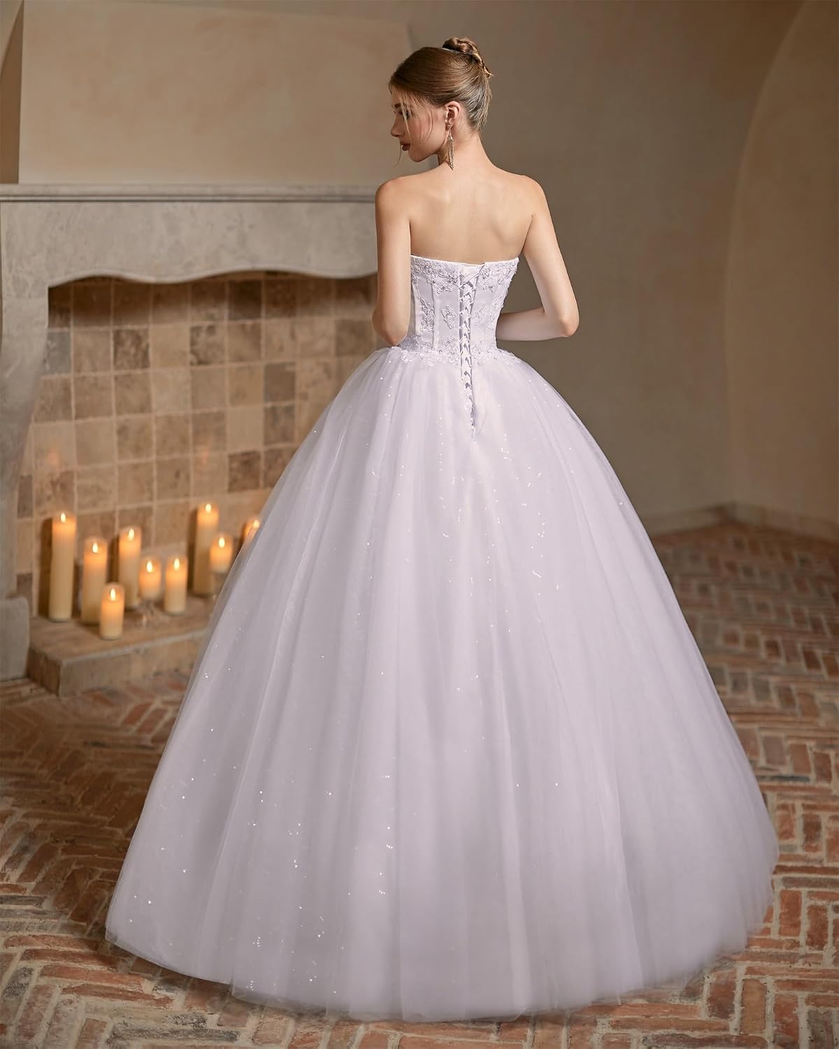 Women's Sweetheart Applique Beaded Corset Bridal Shiny Tull Wedding Dresses for Bride