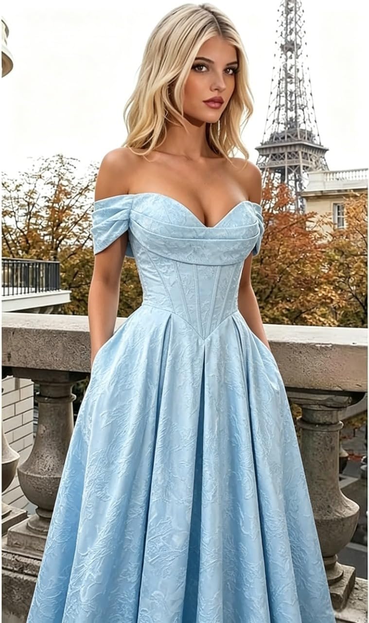 Off Shoulder Long Prom Dress 2026 Floral Satin A-Line Corset Ball Formal Evening Gown with Slit