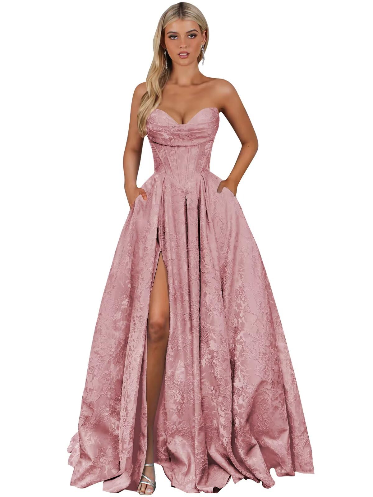 Strapless Jacquard Satin Prom Dresses for Women Corset A Line Long Formal Evening Party Gowns with Slit