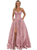 Strapless Jacquard Satin Prom Dresses for Women Corset A Line Long Formal Evening Party Gowns with Slit