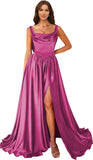Cowl Neck Satin Prom Dresses Corset Ball Gown Long Puffy A-Line Formal Evening Gown with Slit