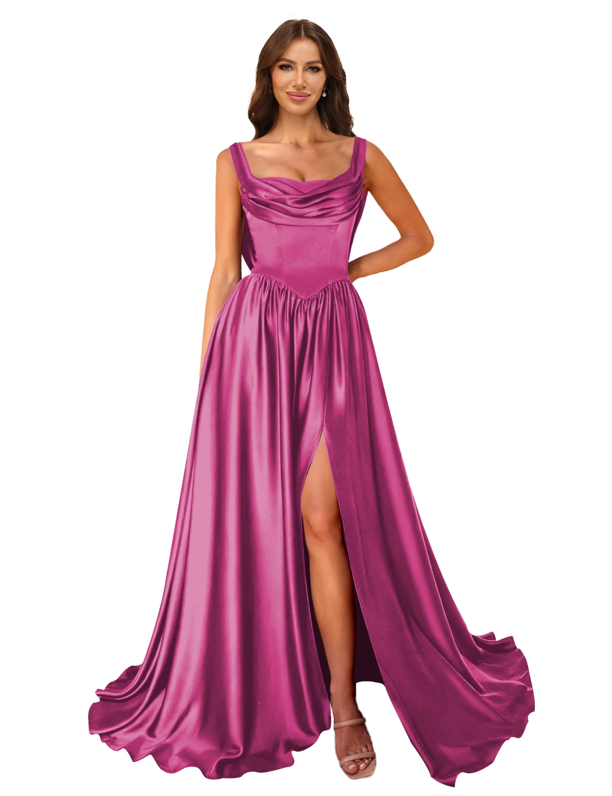 Cowl Neck Satin Prom Dresses Corset Ball Gown Long Puffy A-Line Formal Evening Gown with Slit