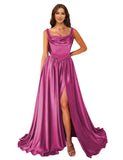 Cowl Neck Satin Prom Dresses Corset Ball Gown Long Puffy A-Line Formal Evening Gown with Slit