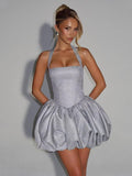 Satin Halter Homecoming Dresses for Teens Short Glitter A-Line Prom Dress Bubble Mini Formal Cocktail Party Gowns