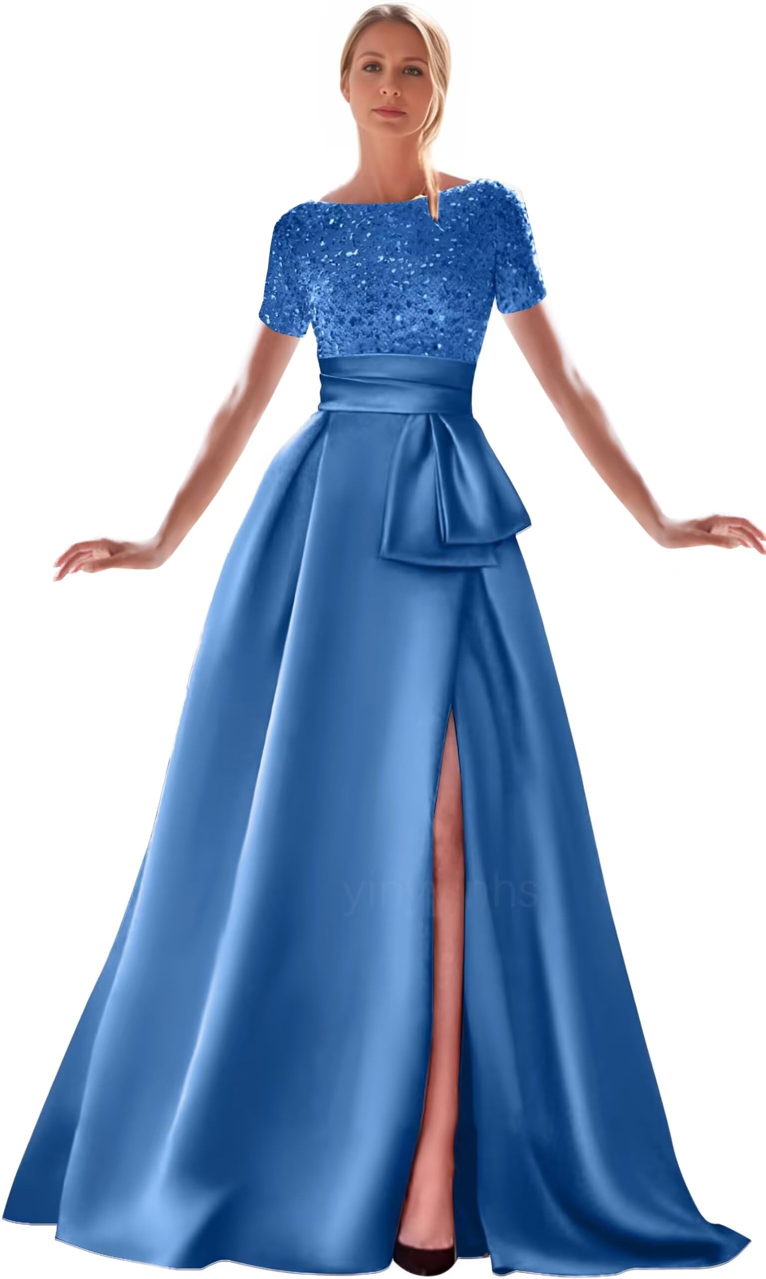 Kingbridal Gowns Short Sleeve Sequin Prom Dresses for Women 2026 Satin A-Line Sparkly Formal Evening Party Ball Gowns with Slit