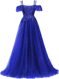 Off Shoulder Tulle Ball Gowns for Women Lace Appliques Beaded Prom Dress Sparkly Long A-line Evening Gowns