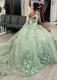 Ball Gown Tulle Off The Shoulder Sage Green Quinceanera Dress