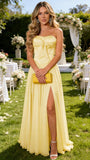 Strapless Chiffon Bow Prom Dresses 2026 Corset Chiffon Pleated A Line Formal Dress
