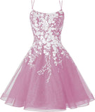 Sparkly Lace Applique Homecoming Dresses for Teens Short Corset Tulle Spaghetti Strap Prom Cocktail Party Dress