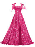 Bow Straps Prom Dresses 2026 Sparkly Sequin Square Neck Ruched Long Puffy Ball Gown Formal Dress with Slit Pockets
