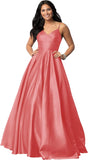 Women's Spaghetti Straps Satin Prom Dresses with Pockets V Neck Pleated Formal Evening Ball Gowns
