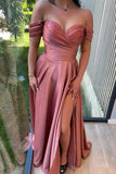 Schulterfreies Satin-Ballkleid, herzförmiger Ausschnitt, formelles Kleid, A-Linie, Abendkleid mit Schlitz 