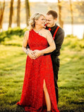 One Shoulder Sequin Prom Dresses for Women Long Sparkly A-Line Slit Formal Evening Party Ball Gowns with Pockets