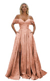 Off Shoulder Long Prom Dress 2026 Floral Satin A-Line Corset Ball Formal Evening Gown with Slit
