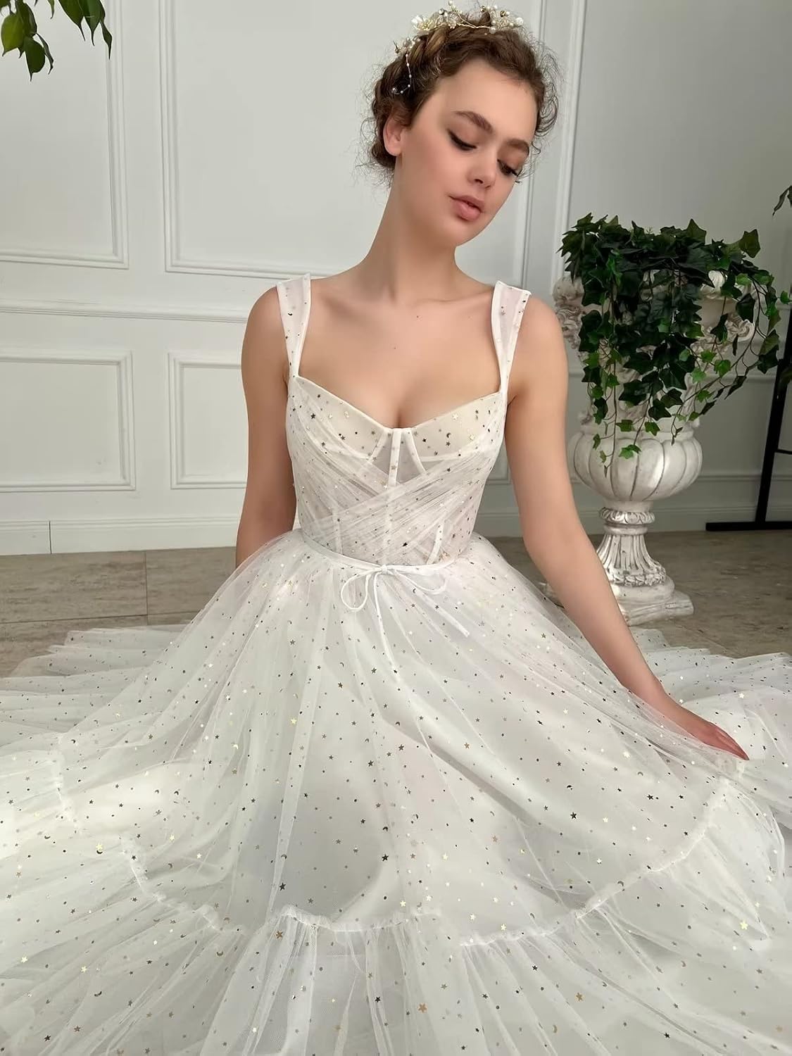 Sparkly Starry Tulle Prom Dresses for Women Tea Length Formal Evening Corset Gowns for Teens