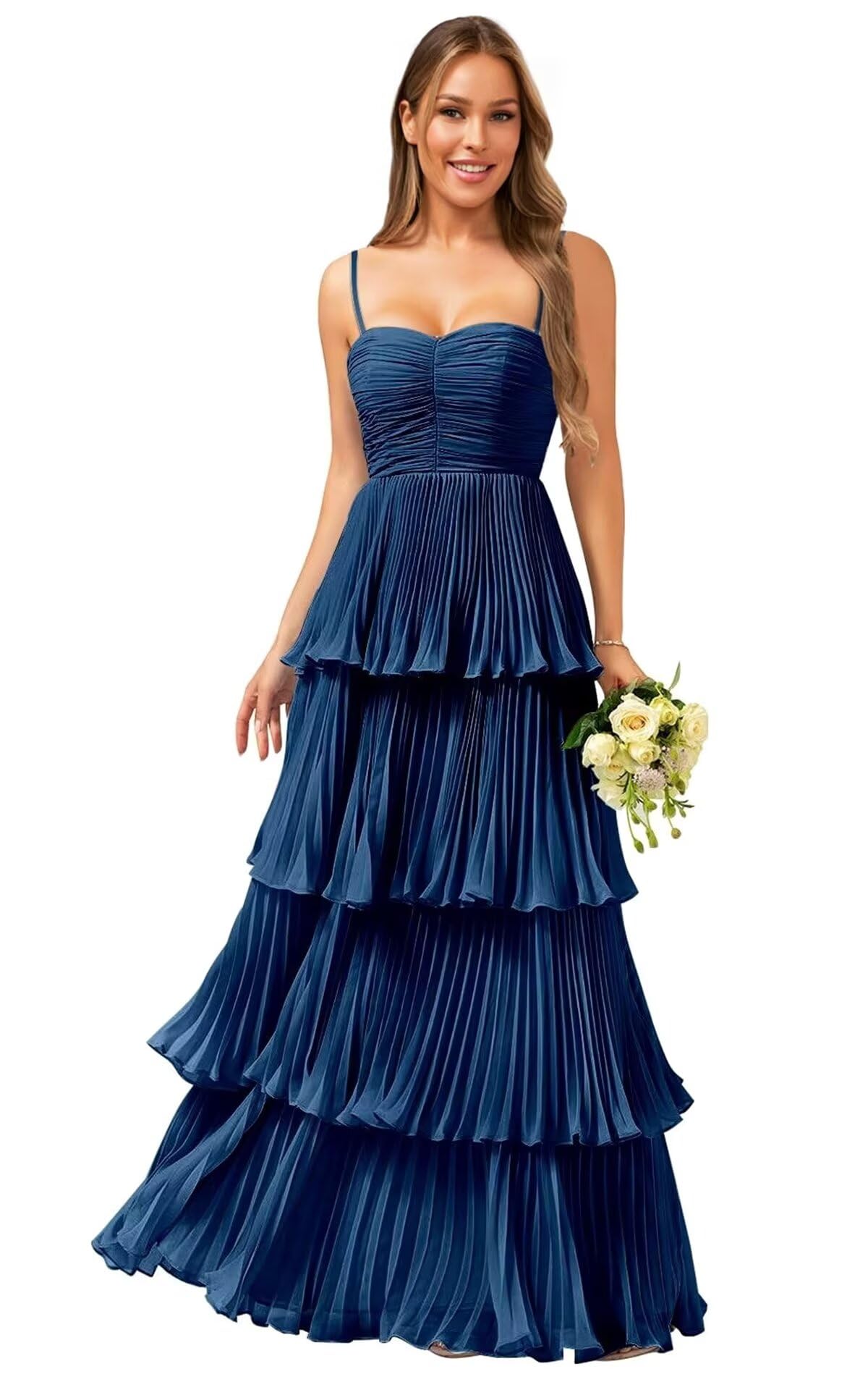 Tiered Ruffle Bridesmaid Dresses for Women Spaghetti Straps Long Chiffon Formal Evening Prom Gowns