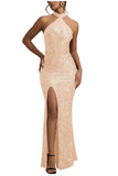 Sequin Mermaid Prom Dresses for Women Long Sparkly Halter-Neck Tight Backless Formal Evening Party Gowns with Slit