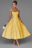 Jacquard Floral Satin Prom Dresses for Women 2026 Spaghetti Straps A-Line Midi Formal Evening Party Gown with Pockets