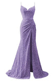 Spaghetti Straps Sequin Prom Dresses for Women 2027 Mermaid Ruched Formal Dress with Slit Sparkly Evening Party Gown
