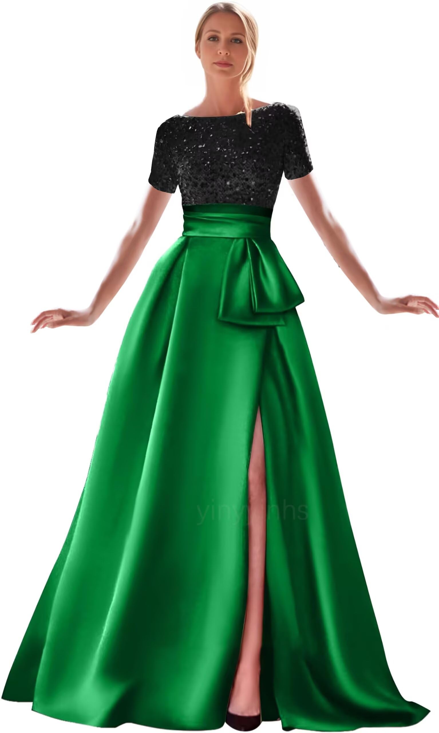 Kingbridal Gowns Short Sleeve Sequin Prom Dresses for Women 2026 Satin A-Line Sparkly Formal Evening Party Ball Gowns with Slit