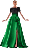 Kingbridal Gowns Short Sleeve Sequin Prom Dresses for Women 2026 Satin A-Line Sparkly Formal Evening Party Ball Gowns with Slit