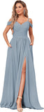 Women's Off Shoulder Bridesmaid Dress with Slit Chiffon Pleated Long Formal Dress