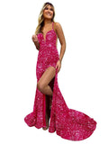 Sparkly Mermaid Sequin Prom Dresses for Women Long Spaghetti Straps V-Neck Formal Evening Party Gowns with Slit
