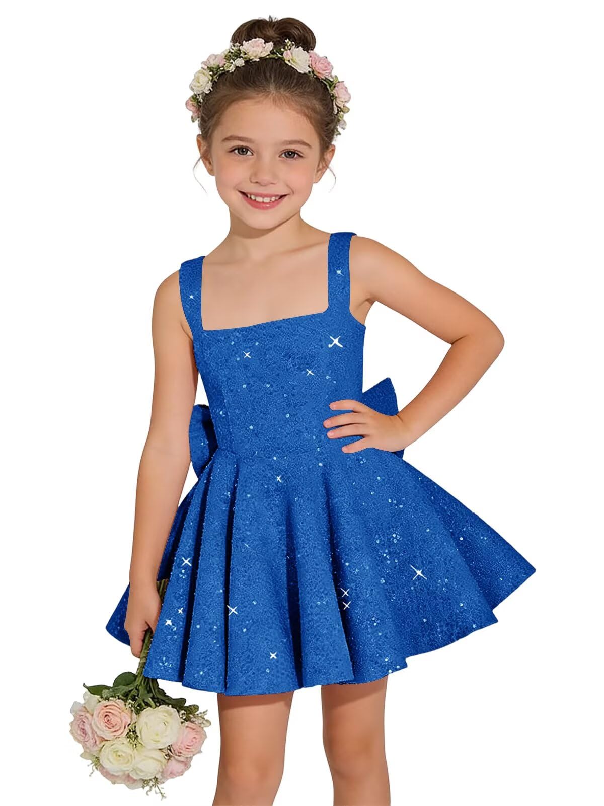 Sparkly Sequin Teen Flower Girl Dresses for Wedding Short Spaghetti Straps Cute Birthday Party Dress with Bow