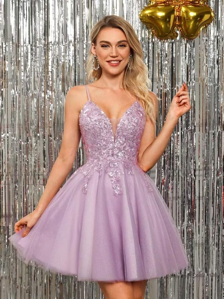Spaghetti Straps Sequin Lace Appliques Short Homecoming Dresses for Teens Glitter Tulle Prom Party Dresses