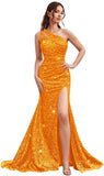 Kingbridal Gowns One Shoulder Sequin Prom Dresses with Slit 2026 Mermaid Formal Dress for Women Sparkly Ruched Evening Party Gowns