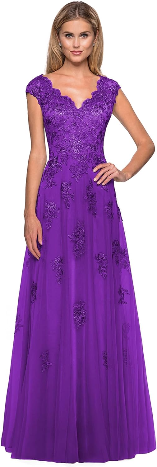 Women's V Neck Cap Sleeves Mother of The Bride Dresses Long Lace Formal Prom Evening Gowns with Pockets