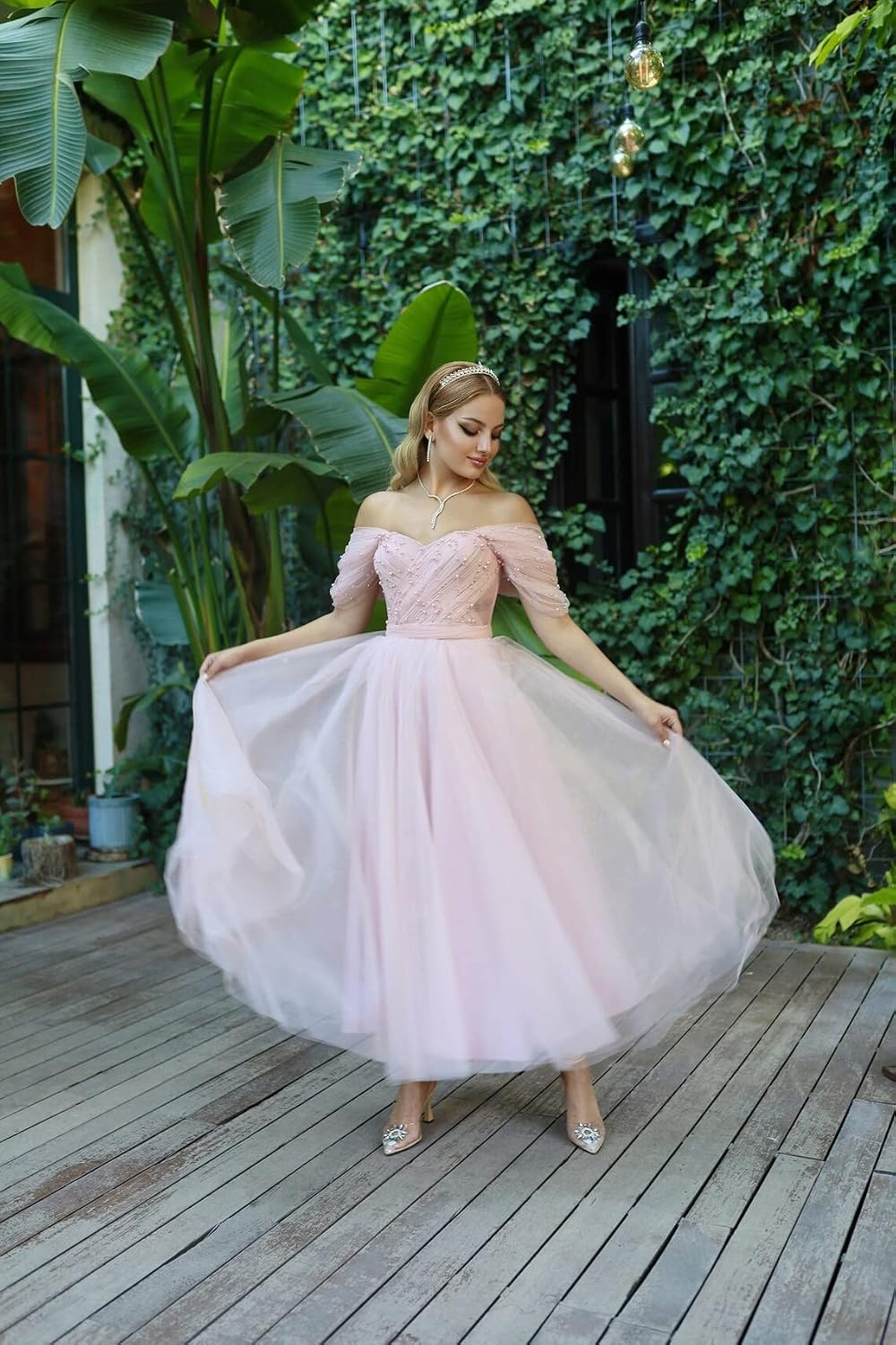 Tulle Tea Length Prom Dresses for Women Off The Shoulder Ball Gowns Teens Sweetheart Beaded Puffy Princess Dress