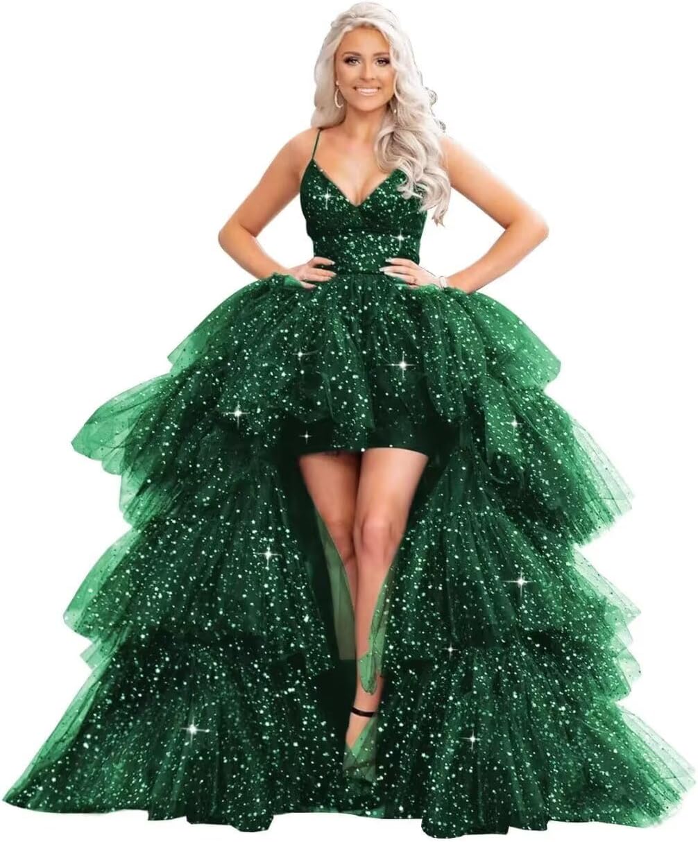 Puffy Sequins Tulle High-Low Prom Dresses for Women 2027, Glitter V Neck Formal Ball Gown Wedding Party Dress