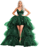 Puffy Sequins Tulle High-Low Prom Dresses for Women 2027, Glitter V Neck Formal Ball Gown Wedding Party Dress
