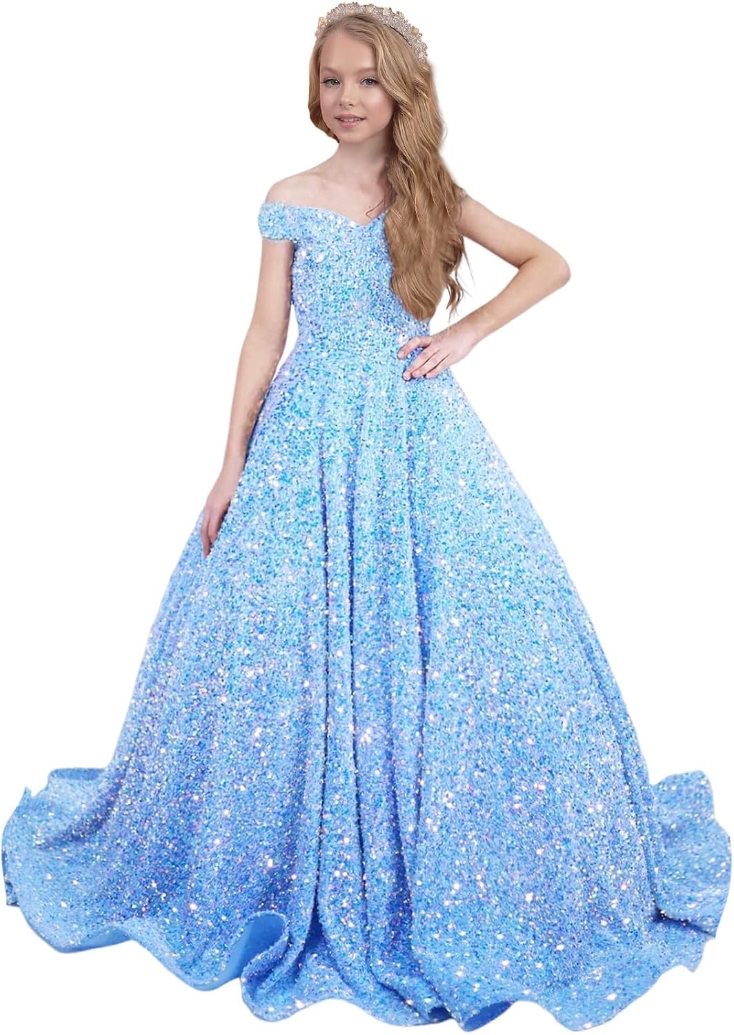 Ball Gown Sequin Pageant Dress for Teens Flower Girl Dress Girls Off Shoulder Long Formal Party Dresses 2027