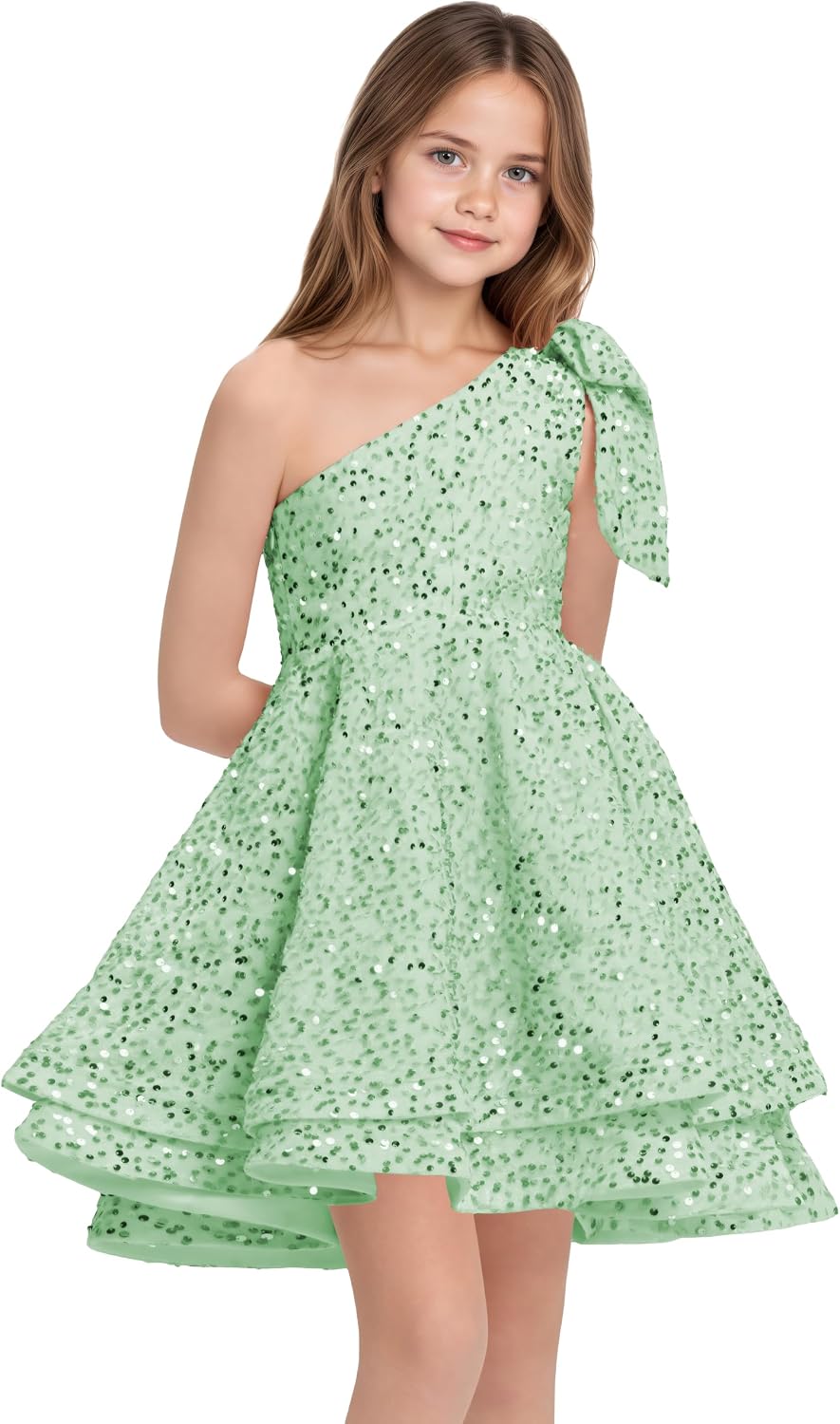 Sequins Flower Girl Dresses Short - One Shoulder Princess Pageant Dress Kids A Line Communion Formal Party Gown