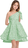 Sequins Flower Girl Dresses Short - One Shoulder Princess Pageant Dress Kids A Line Communion Formal Party Gown