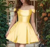 Satin Homecoming Dresses Short Wedding Dresses 2026 Off Shoulder Prom Dress with Pockets A Line Formal Party Gown