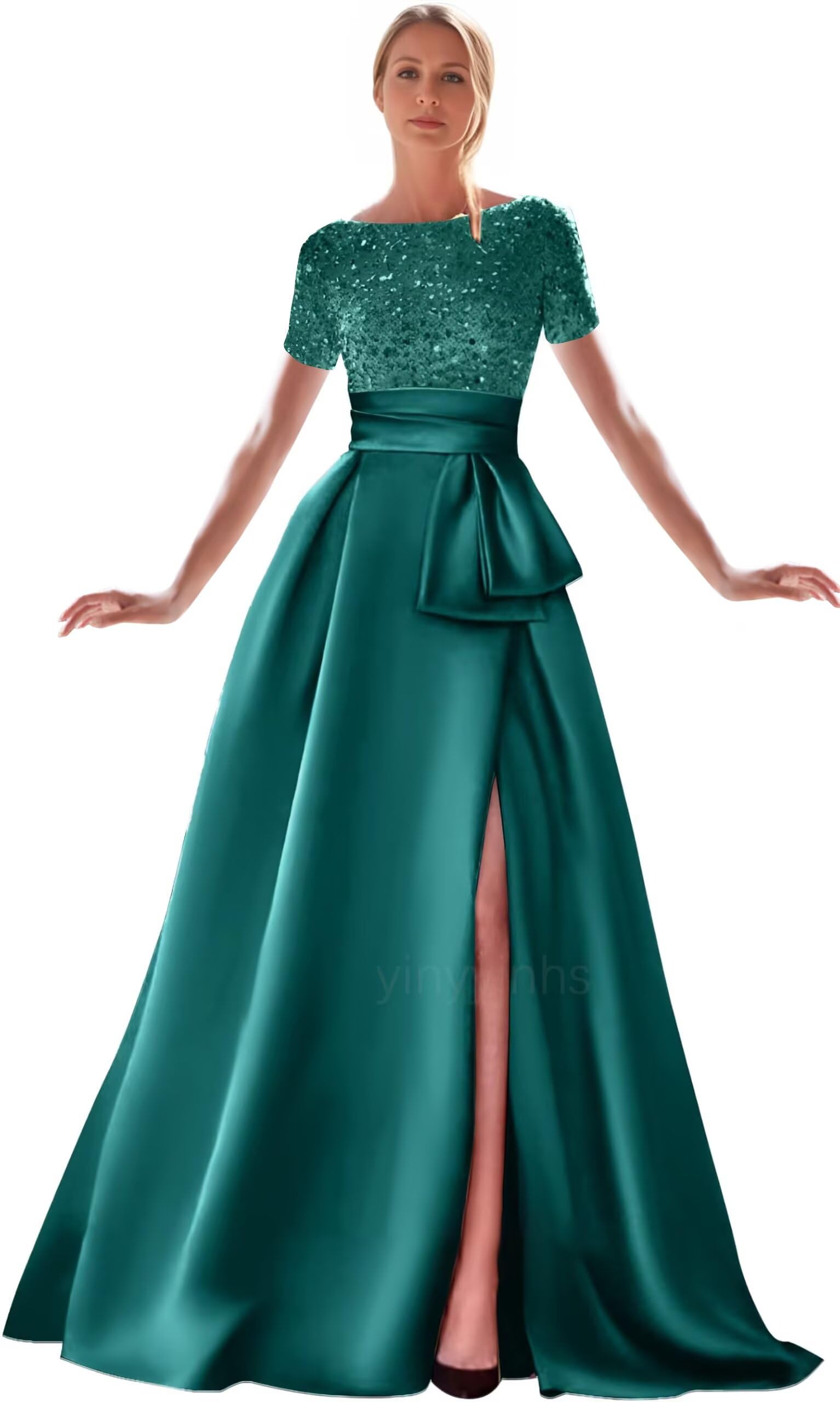 Kingbridal Gowns Short Sleeve Sequin Prom Dresses for Women 2026 Satin A-Line Sparkly Formal Evening Party Ball Gowns with Slit