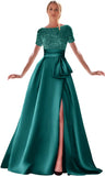 Kingbridal Gowns Short Sleeve Sequin Prom Dresses for Women 2026 Satin A-Line Sparkly Formal Evening Party Ball Gowns with Slit