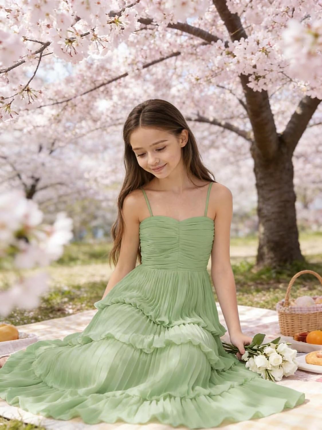 Chiffon Pleated Junior Bridesmaid Dress Princess Birthday Tiered Ruffle Prom Gown Wedding Long Flower Girl Dress