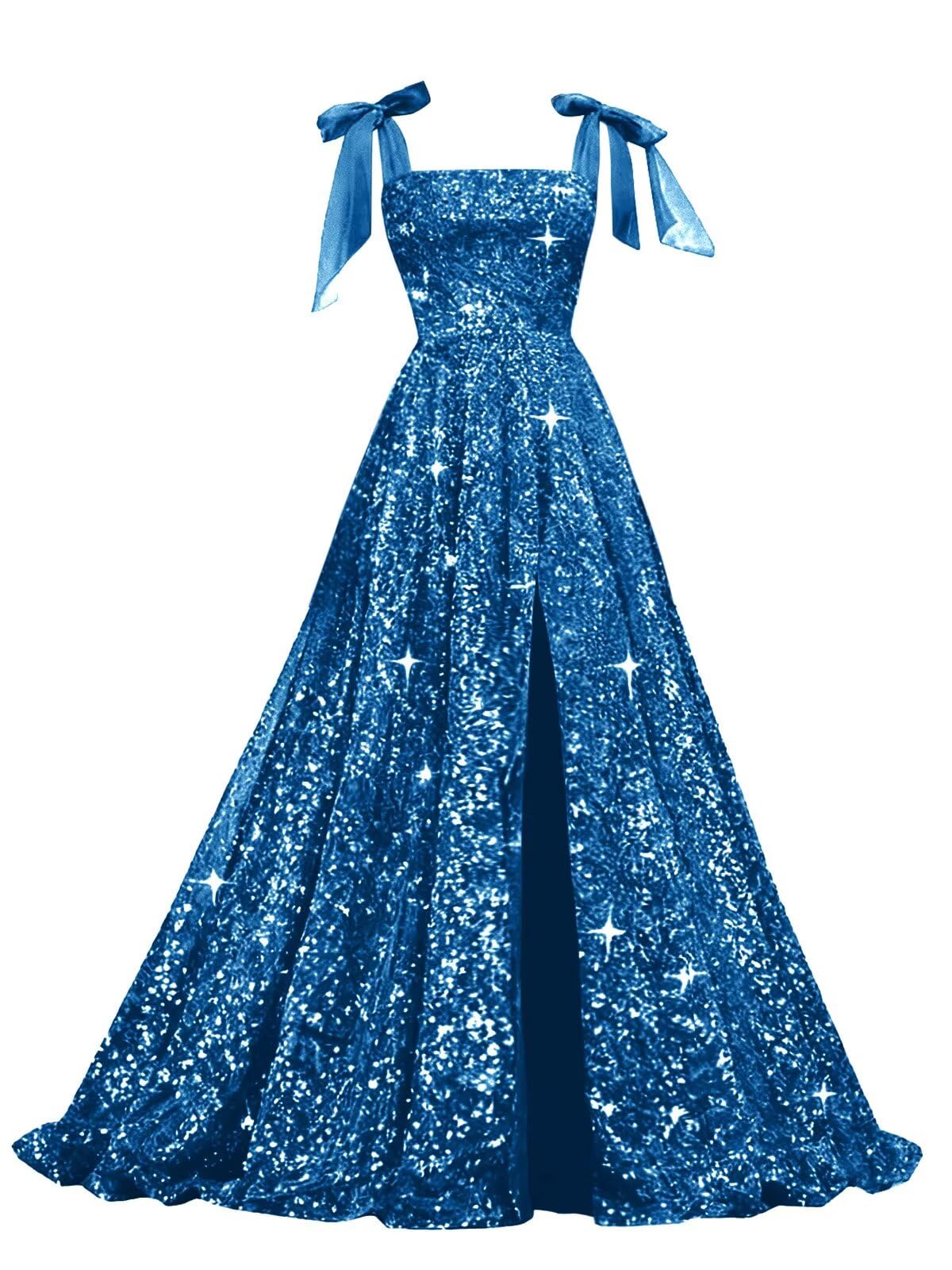 Bow Straps Prom Dresses 2026 Sparkly Sequin Square Neck Ruched Long Puffy Ball Gown Formal Dress with Slit Pockets