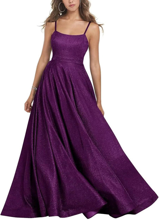 Women's Glitter Prom Dresses Long Ball Gown Spaghetti Straps Neck Formal Evening Party Dress for Teens