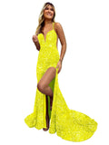 Sparkly Mermaid Sequin Prom Dresses for Women Long Spaghetti Straps V-Neck Formal Evening Party Gowns with Slit