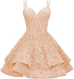 Sequin Homecoming Dresses for Teens 2027 Sparkly Short Layered Aline Prom Dresses Spaghetti Straps Cocktail Party Gowns
