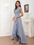 Cap Sleeve Mother of The Bride Dresses Chiffon V Neck Beaded Ruffles A Line Long Formal Evening Dress